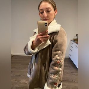 Driftwood Tan Winter Jacket Embroidered Floral Flower Sleeves